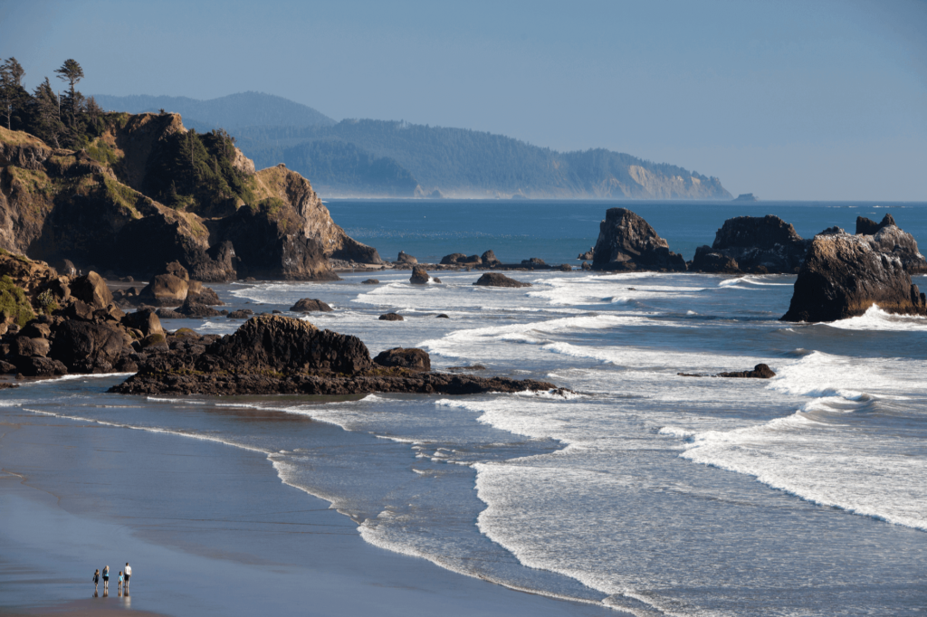 This beach, located in Ecola State Park, is notable for its dark pebbly shores, abundant driftwood, and relatively remote location.