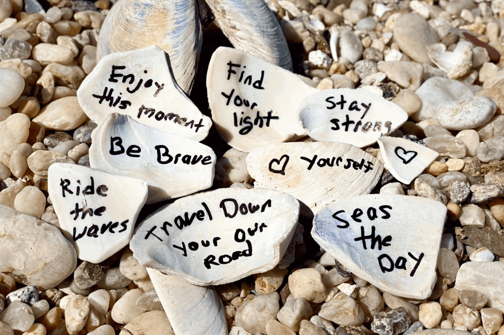 Fun beach activity: collect shells to write short beach quotes on.